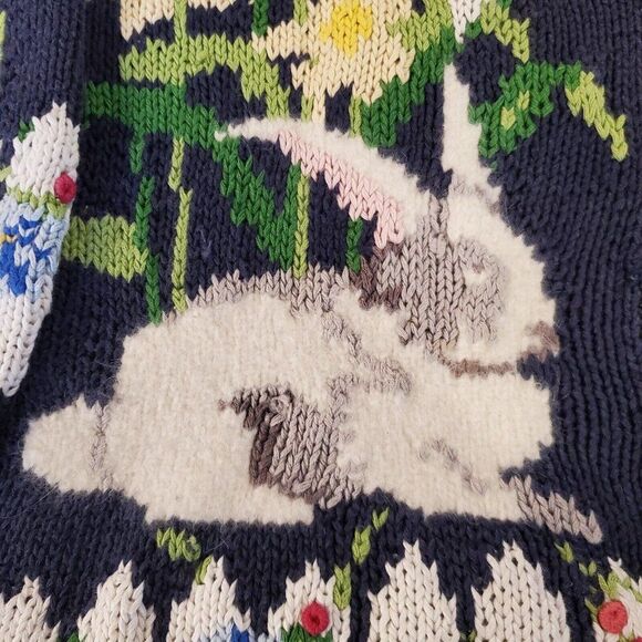 Design Options Easter Egg Cardigan Sweater Large Furry Bunny Rabbit Fence Vtg - Picture 6 of 12